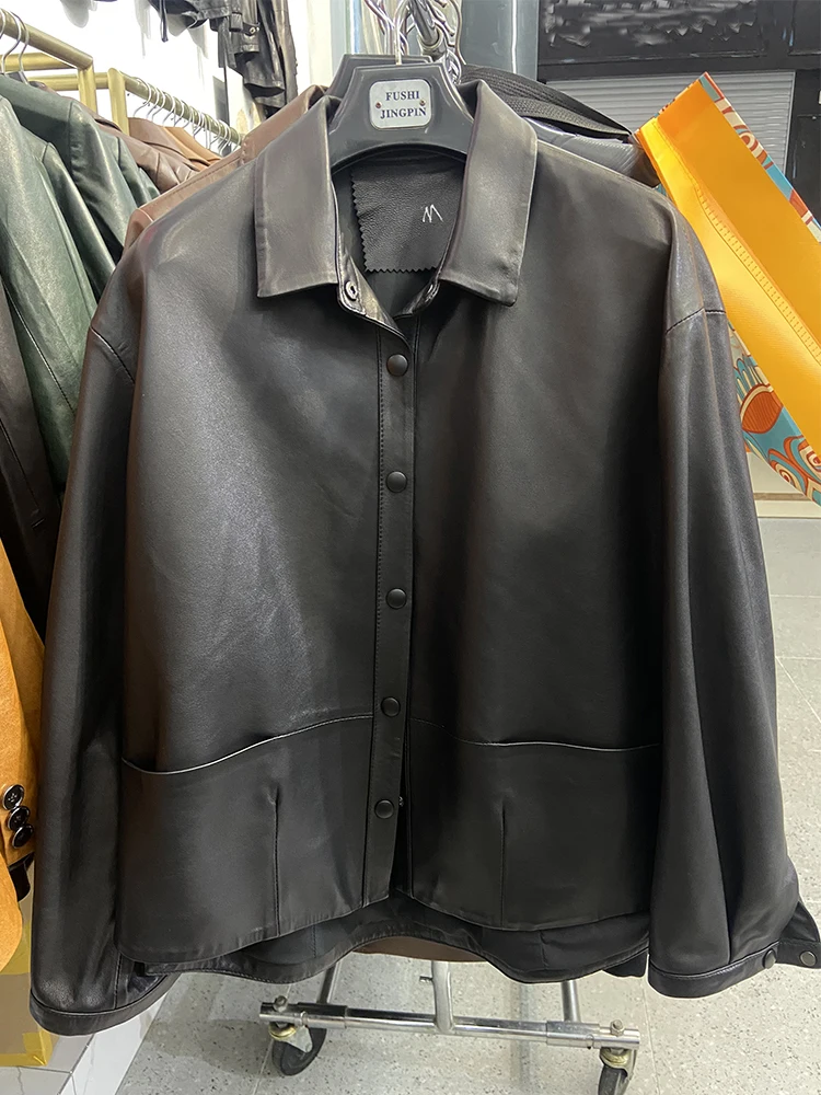 Women Spring Genuine Sheepskin Leather Autumn Fashion Classic Black Real Leather Jacket Oversize Loose Real Leather Coat
