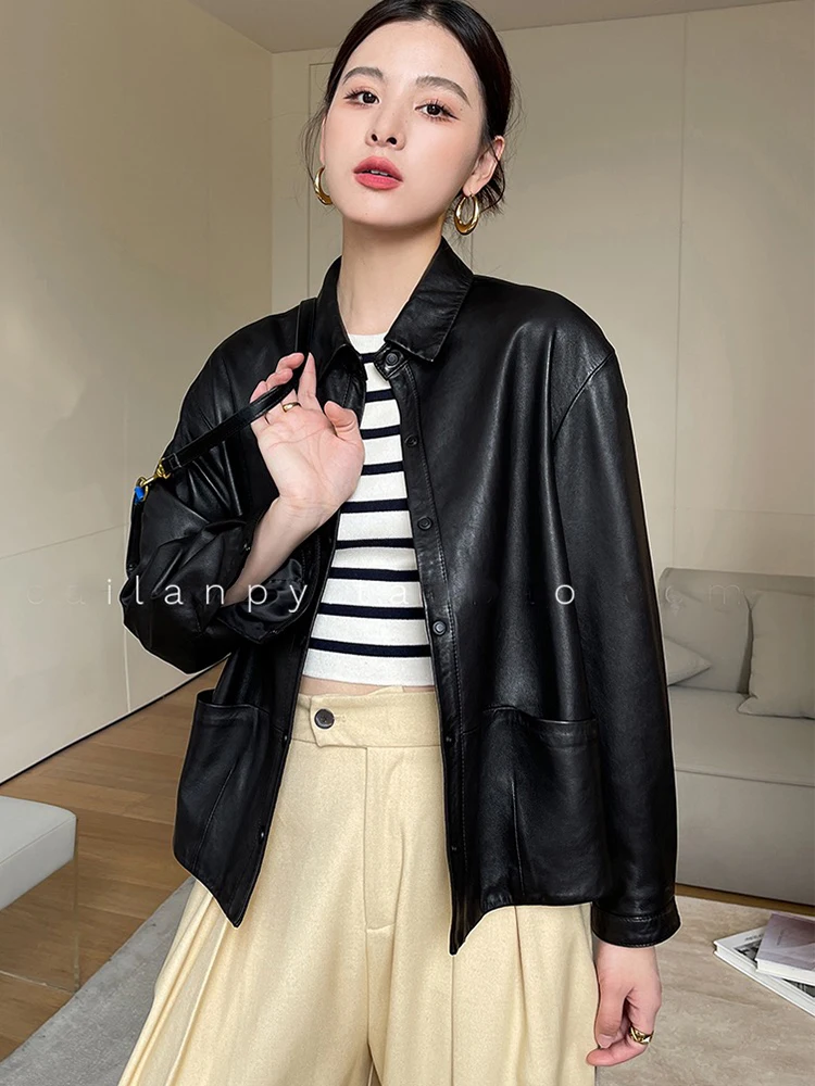 Women Spring Genuine Sheepskin Leather Autumn Fashion Classic Black Real Leather Jacket Oversize Loose Real Leather Coat