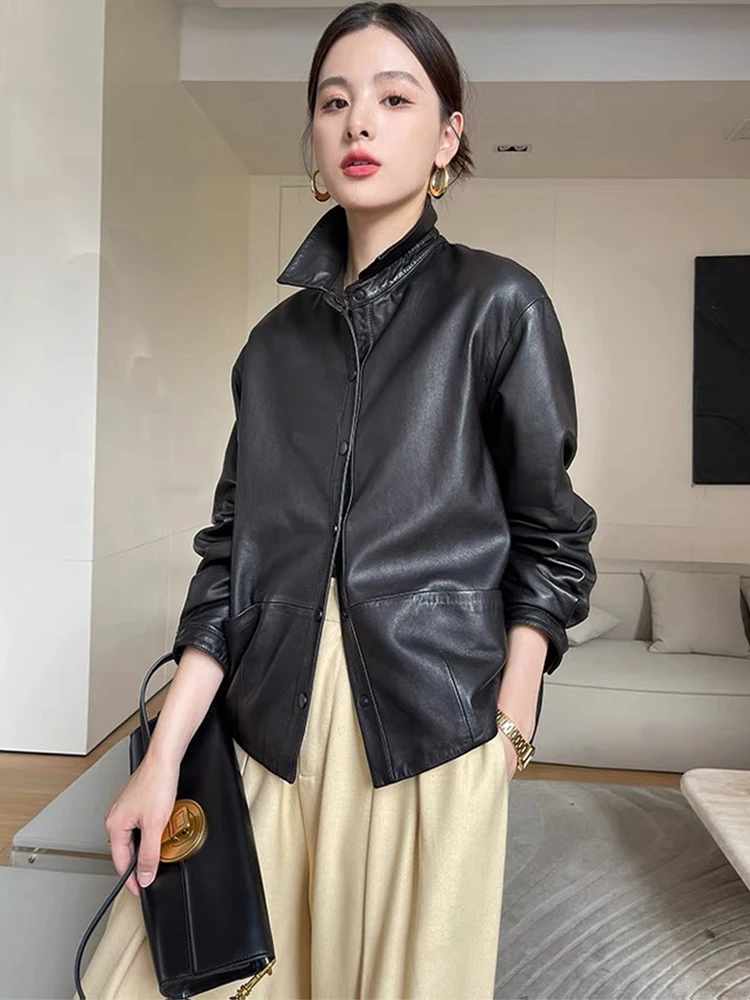 Women Spring Genuine Sheepskin Leather Autumn Fashion Classic Black Real Leather Jacket Oversize Loose Real Leather Coat