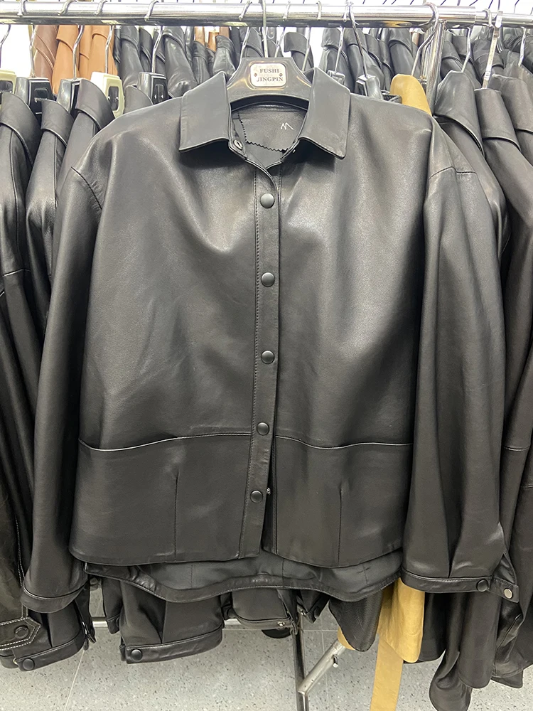 Women Spring Genuine Sheepskin Leather Autumn Fashion Classic Black Real Leather Jacket Oversize Loose Real Leather Coat
