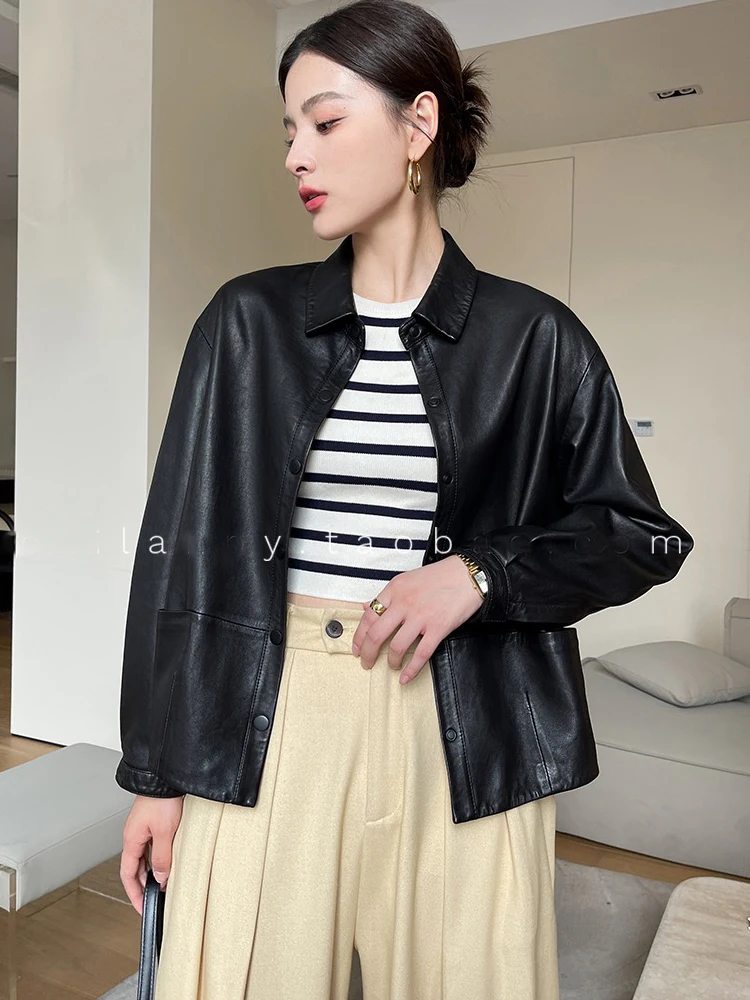 Women Spring Genuine Sheepskin Leather Autumn Fashion Classic Black Real Leather Jacket Oversize Loose Real Leather Coat