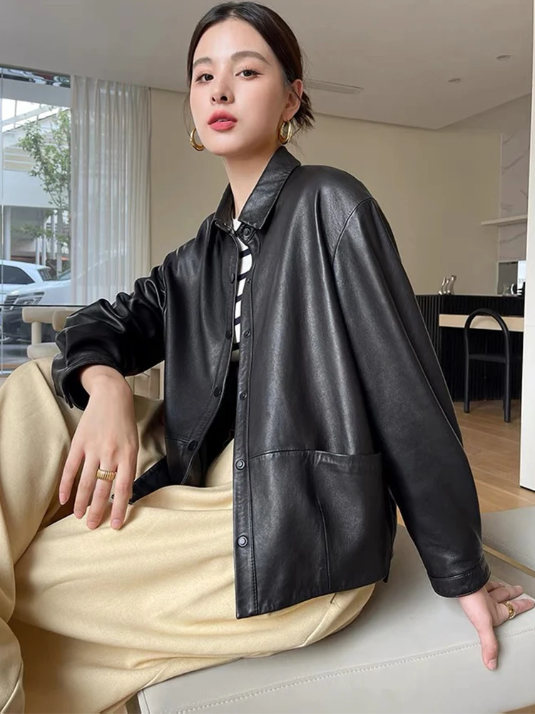 Women Spring Genuine Sheepskin Leather Autumn Fashion Classic Black Real Leather Jacket Oversize Loose Real Leather Coat