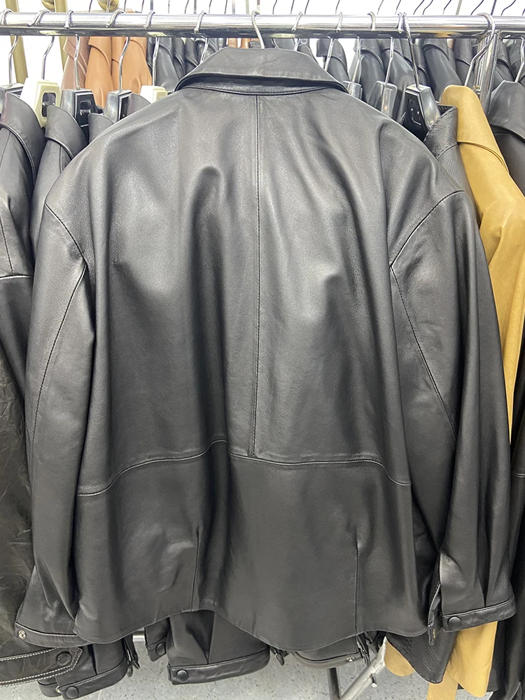 Women Spring Genuine Sheepskin Leather Autumn Fashion Classic Black Real Leather Jacket Oversize Loose Real Leather Coat