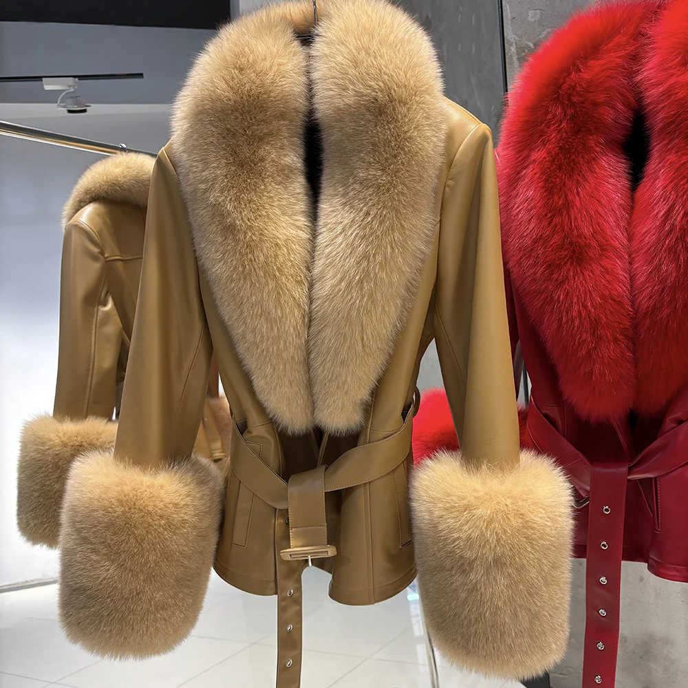 YOLOAgain Real Fox Fur Collar Genuine Leather Jacket Women