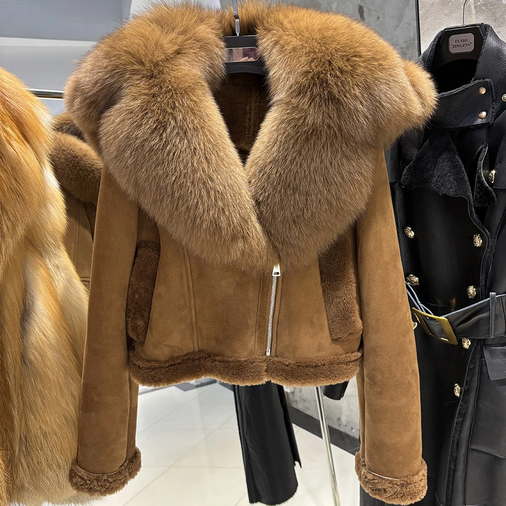 YOLOAgain 2025 Winter Warm Hooded Suede Shearling Jacket Coat Women Real Fox Fur Jacket