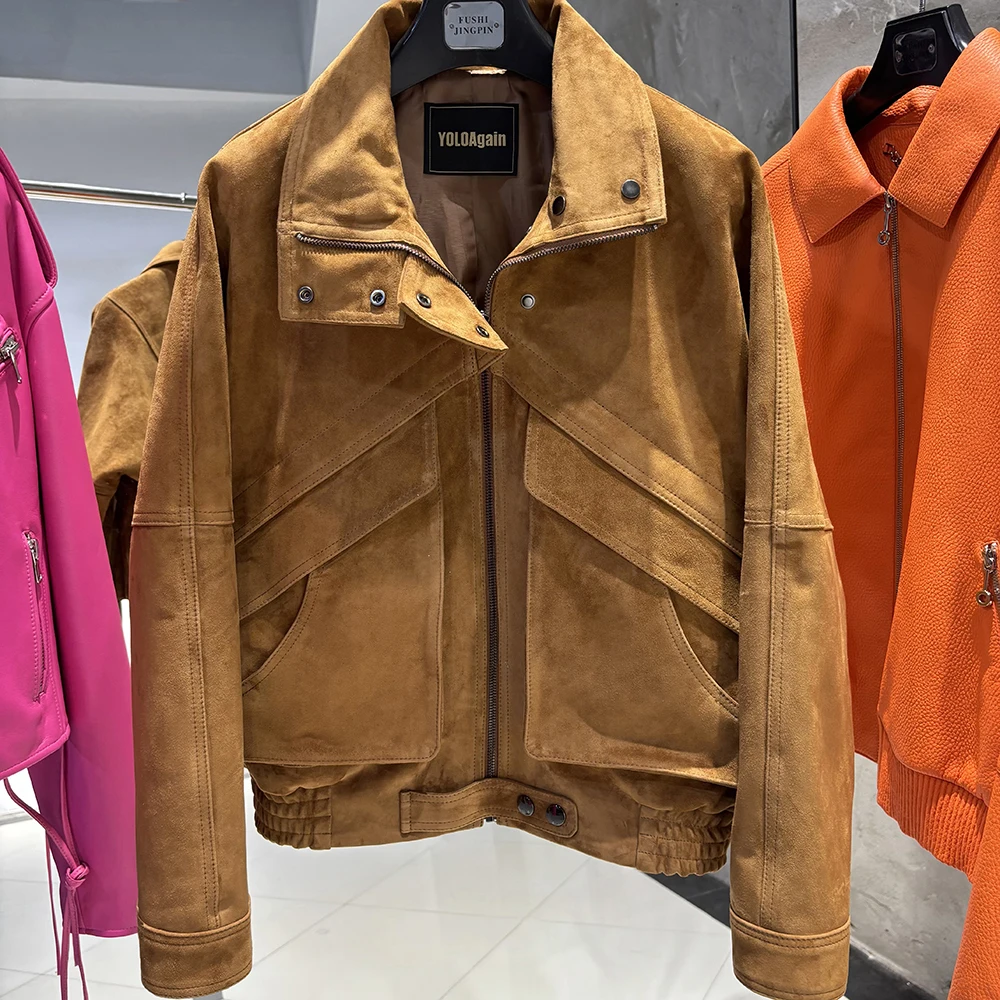 YOLOAgain Chocolate Brown Suede Jacket Women Real Leather Jacket Female