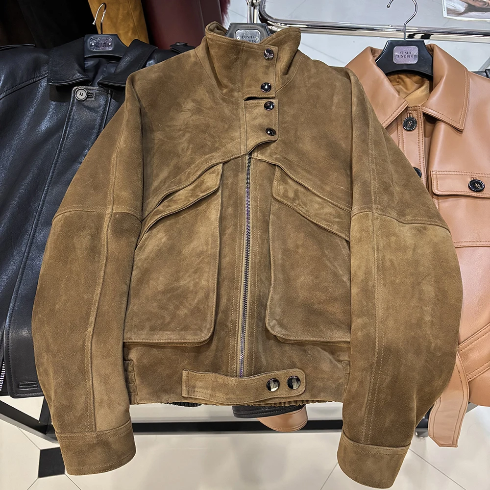 YOLOAgain Chocolate Brown Suede Jacket Women Real Leather Jacket Female