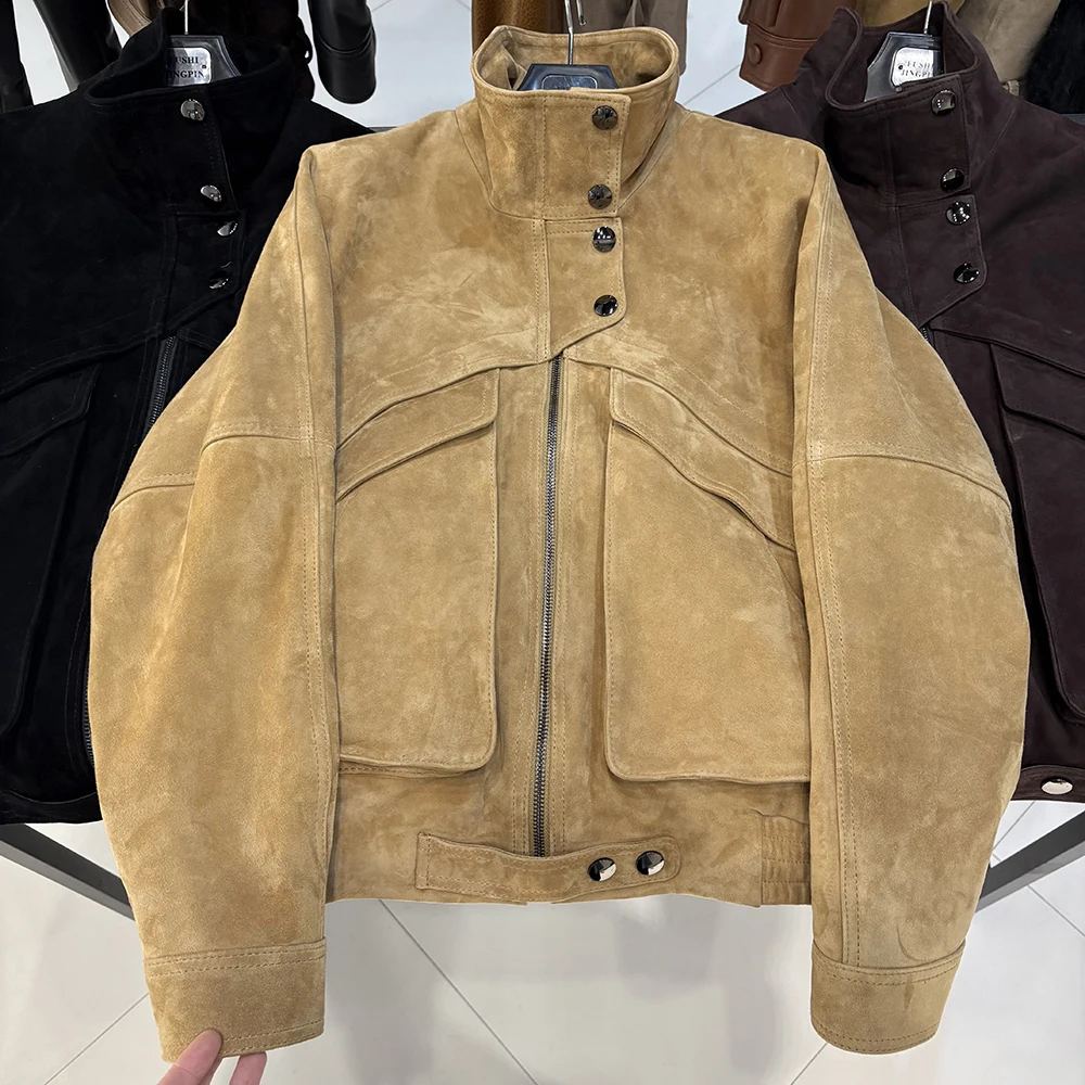 YOLOAgain Chocolate Brown Suede Jacket Women Real Leather Jacket Female