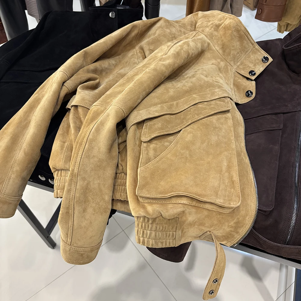 YOLOAgain Chocolate Brown Suede Jacket Women Real Leather Jacket Female
