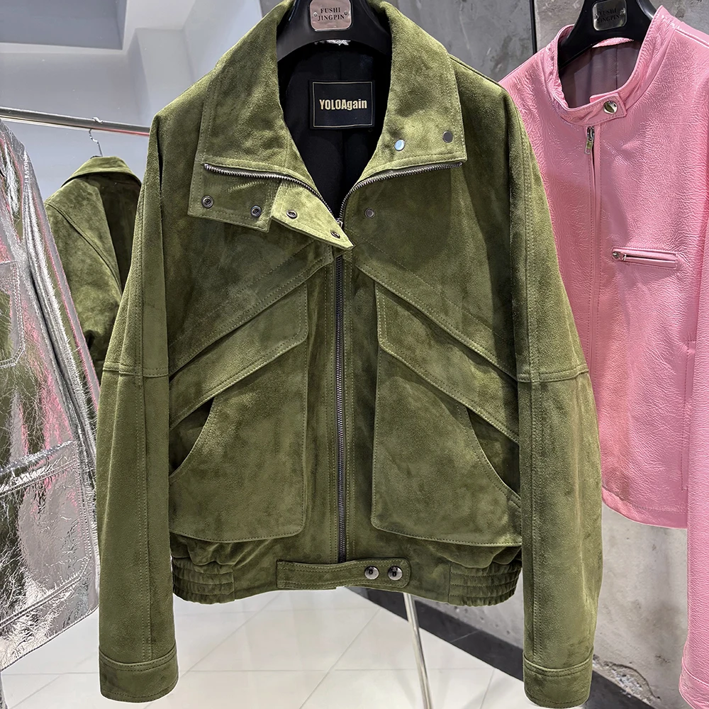 YOLOAgain Chocolate Brown Suede Jacket Women Real Leather Jacket Female