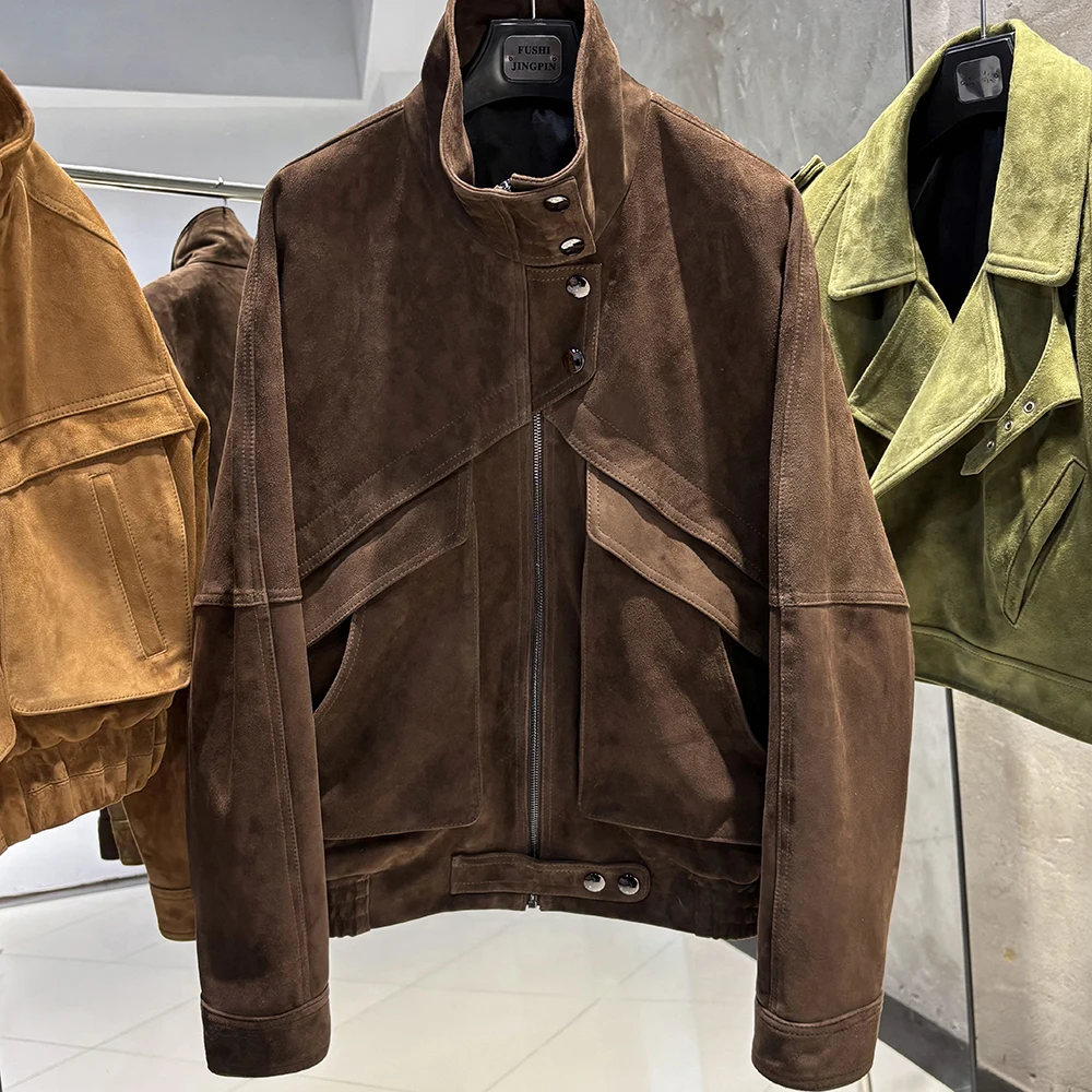 YOLOAgain Chocolate Brown Suede Jacket Women Real Leather Jacket Female