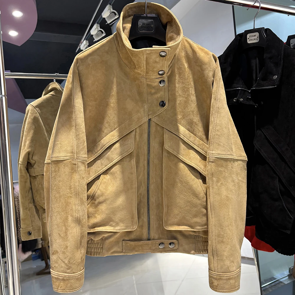 YOLOAgain Chocolate Brown Suede Jacket Women Real Leather Jacket Female