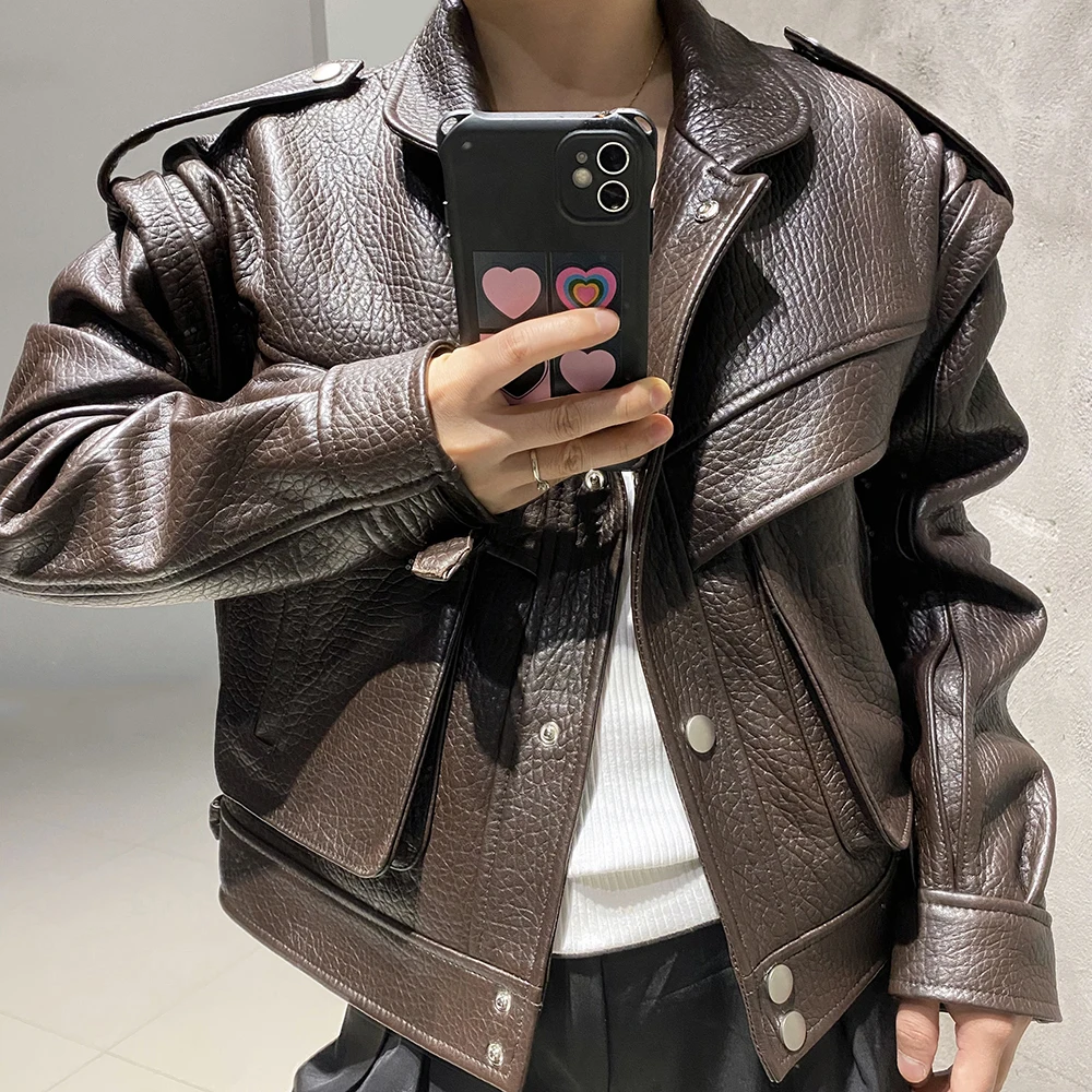 YOLOAgain High Quality Dark Brown Real Leather Jacket Women Sheepskin Biker Jacket Female 2024 Autumn