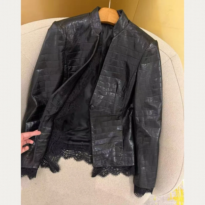 Natural Lambskin Leather Jacket for Women, 100% Genuine leather Sheepskin Leather Women Coat, Long Sleeves,H829