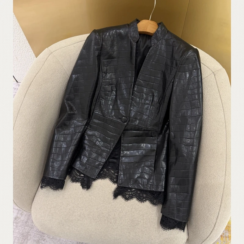 Natural Lambskin Leather Jacket for Women, 100% Genuine leather Sheepskin Leather Women Coat, Long Sleeves,H829