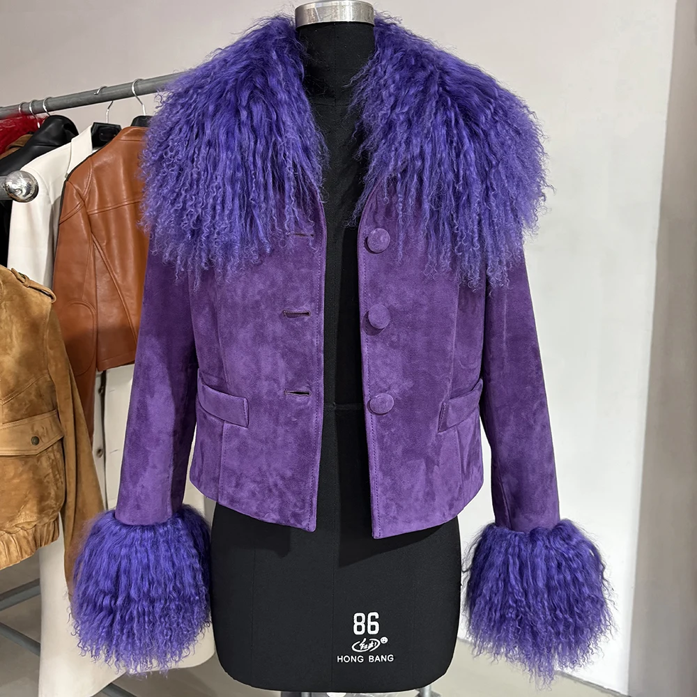 YOLOAgain Women's Mongolia Sheep Fur Collar Real Leather Jacket Single Breasted