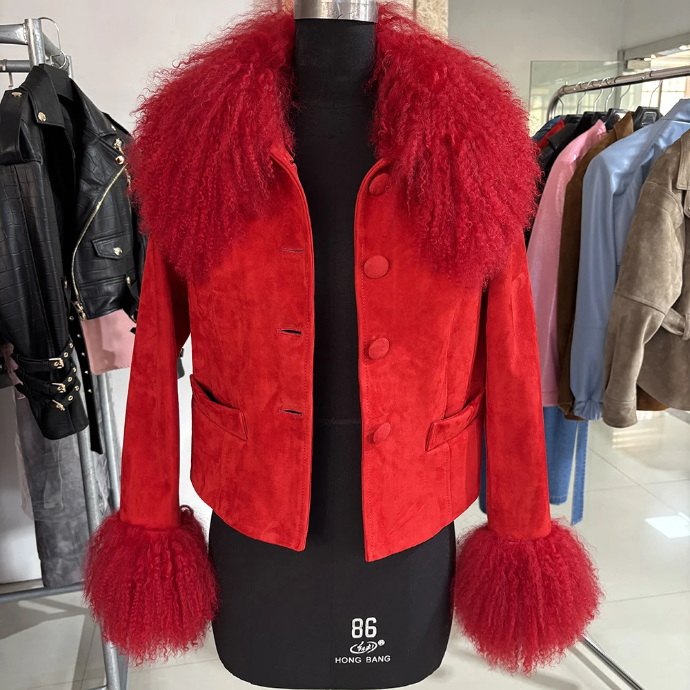 YOLOAgain Women's Mongolia Sheep Fur Collar Real Leather Jacket Single Breasted