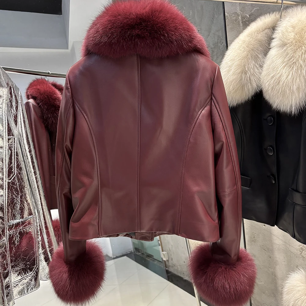 YOLOAgain Women's Mongolia Sheep Fur Collar Real Leather Jacket Single Breasted