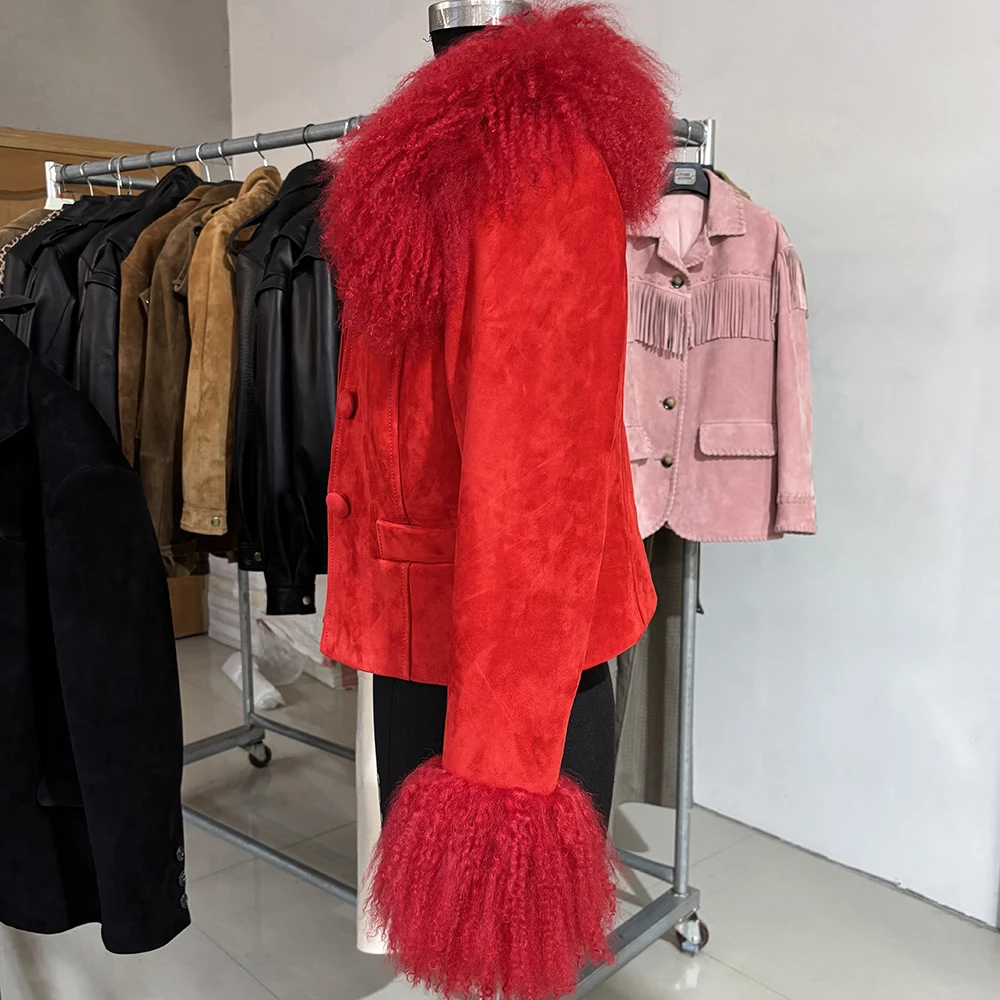 YOLOAgain Women's Mongolia Sheep Fur Collar Real Leather Jacket Single Breasted