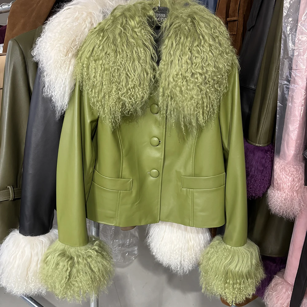 YOLOAgain Women's Mongolia Sheep Fur Collar Real Leather Jacket Single Breasted