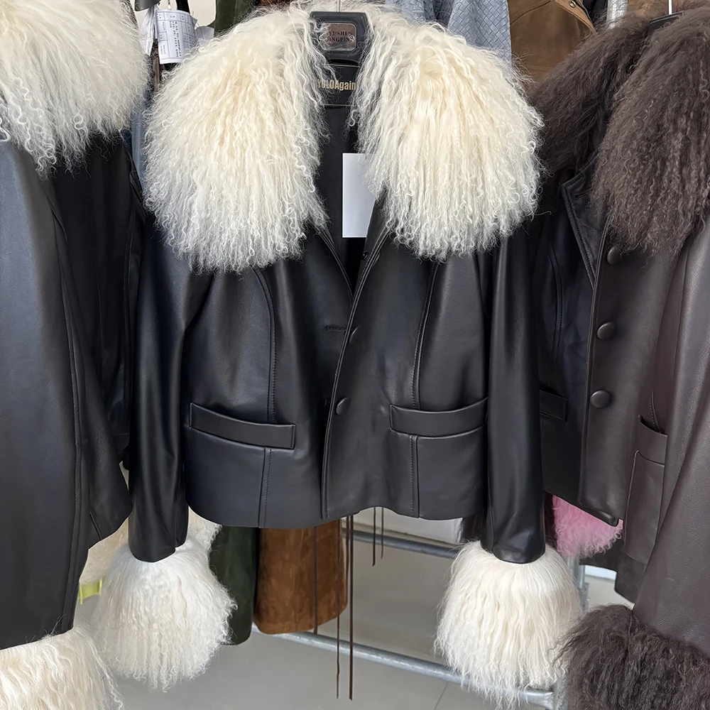 YOLOAgain Women's Mongolia Sheep Fur Collar Real Leather Jacket Single Breasted