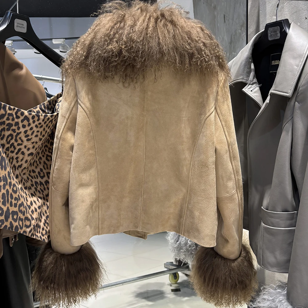 YOLOAgain Women's Mongolia Sheep Fur Collar Real Leather Jacket Single Breasted