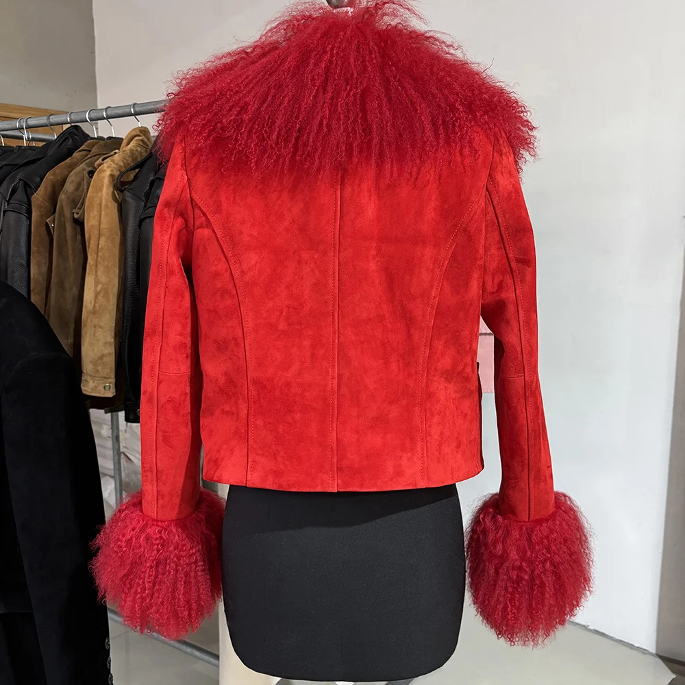 YOLOAgain Women's Mongolia Sheep Fur Collar Real Leather Jacket Single Breasted