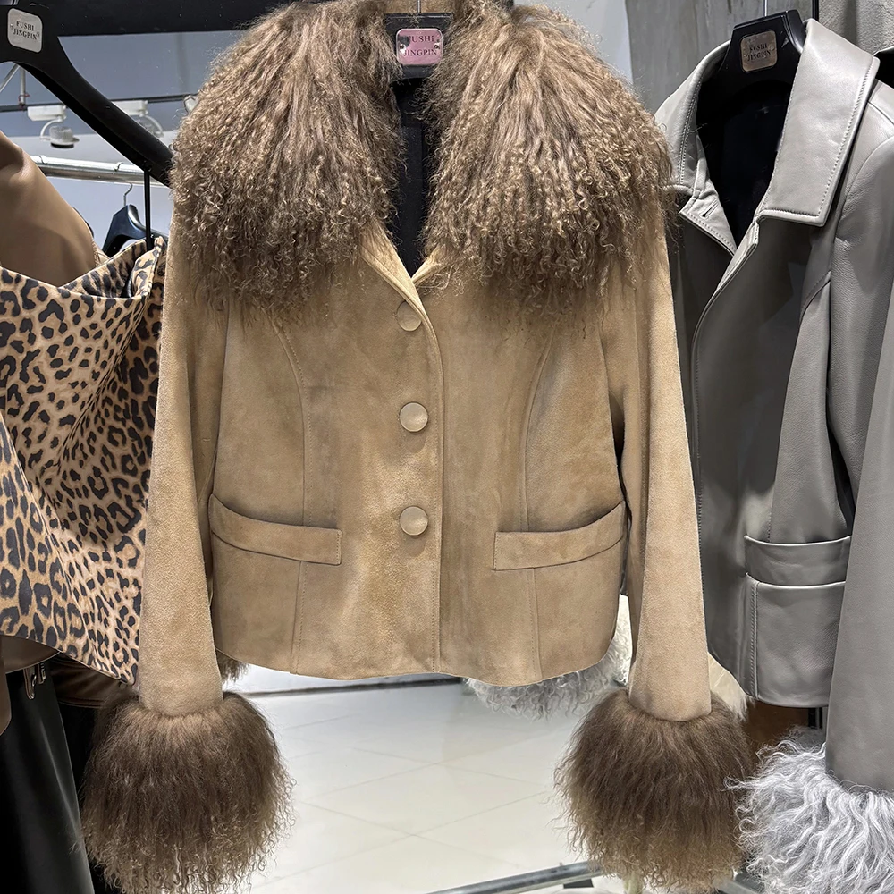 YOLOAgain Women's Mongolia Sheep Fur Collar Real Leather Jacket Single Breasted