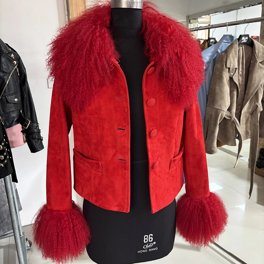 YOLOAgain Women's Mongolia Sheep Fur Collar Real Leather Jacket Single Breasted