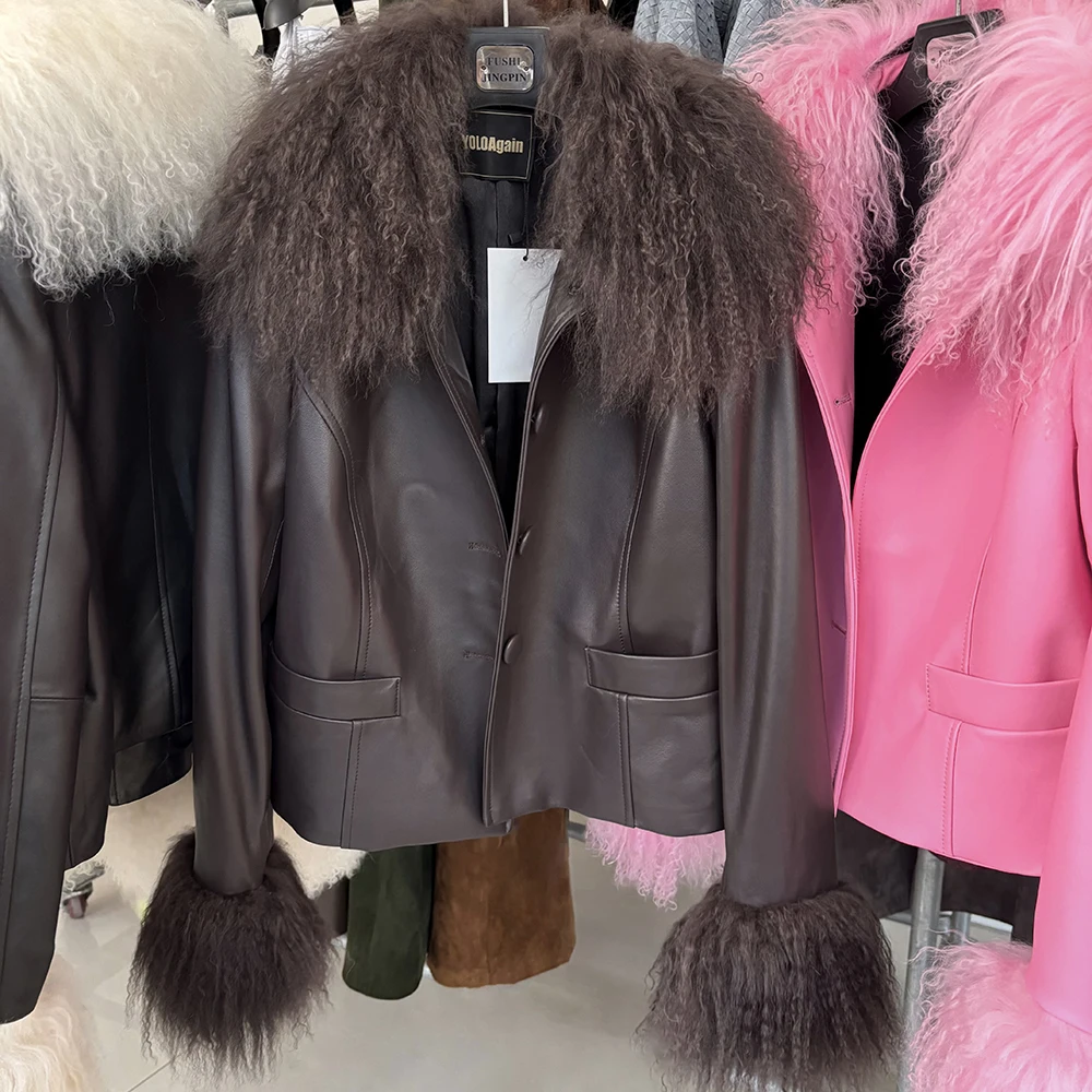 YOLOAgain Women's Mongolia Sheep Fur Collar Real Leather Jacket Single Breasted