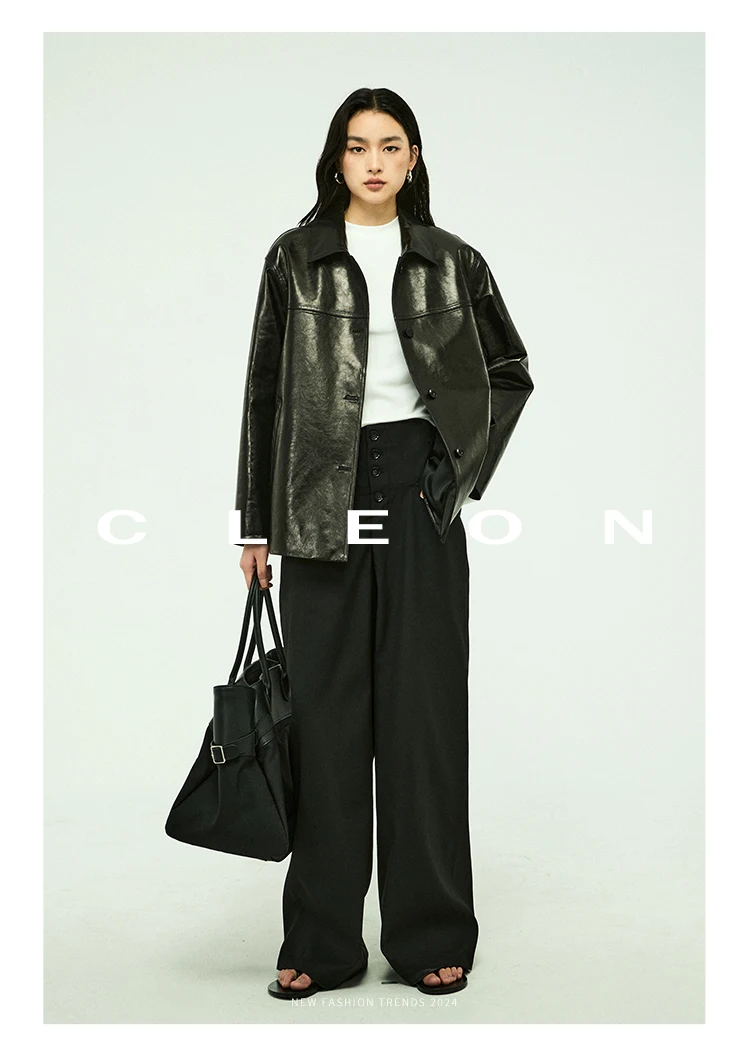 Waxed Lambskin Genuine Leather Jacket Women Retro Lapel Collar Single Breasted Real Leather Casual Spring Autumn Outerwear 2026