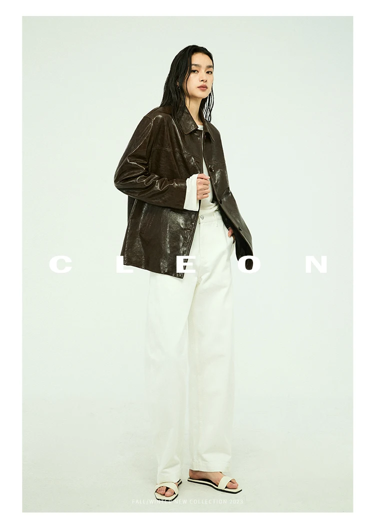 Waxed Lambskin Genuine Leather Jacket Women Retro Lapel Collar Single Breasted Real Leather Casual Spring Autumn Outerwear 2026
