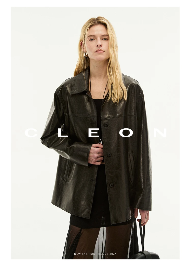 Waxed Lambskin Genuine Leather Jacket Women Retro Lapel Collar Single Breasted Real Leather Casual Spring Autumn Outerwear 2026