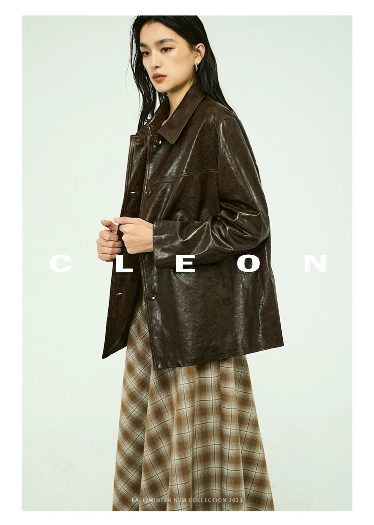 Waxed Lambskin Genuine Leather Jacket Women Retro Lapel Collar Single Breasted Real Leather Casual Spring Autumn Outerwear 2026