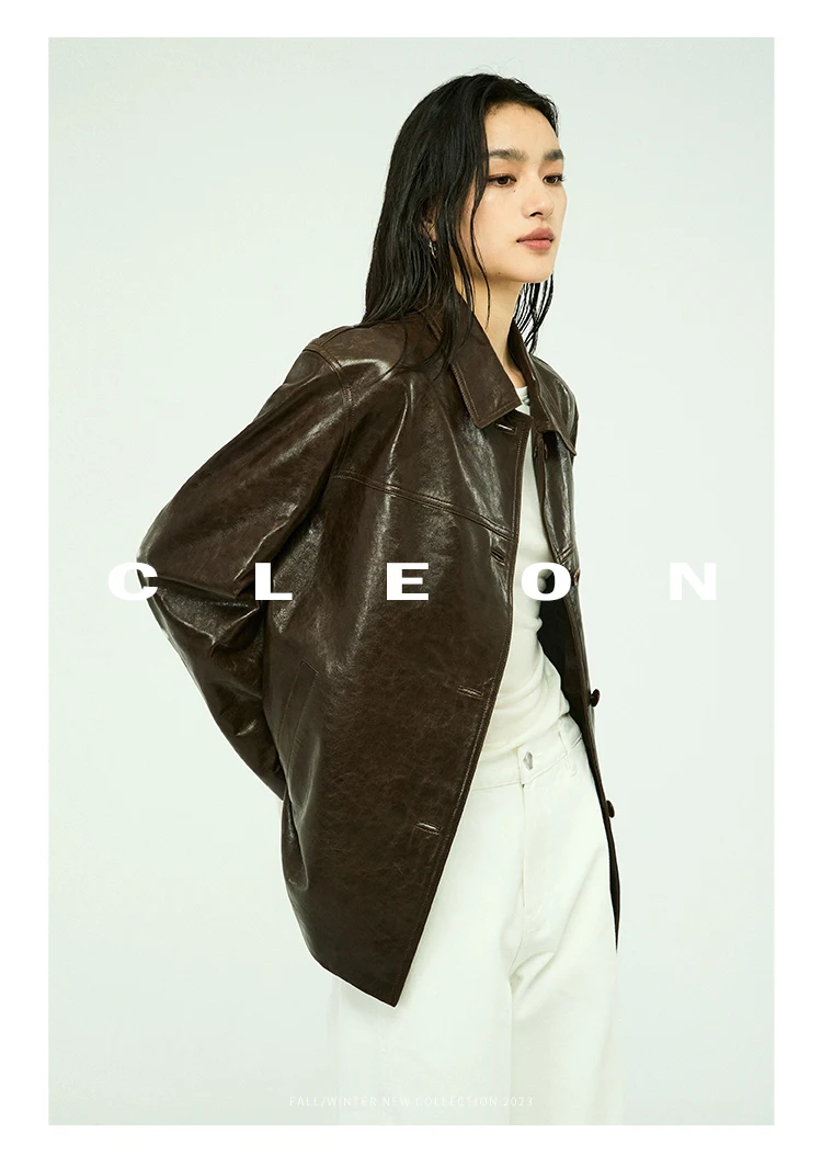 Waxed Lambskin Genuine Leather Jacket Women Retro Lapel Collar Single Breasted Real Leather Casual Spring Autumn Outerwear 2026