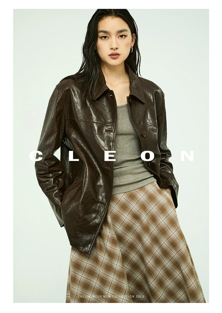 Waxed Lambskin Genuine Leather Jacket Women Retro Lapel Collar Single Breasted Real Leather Casual Spring Autumn Outerwear 2026