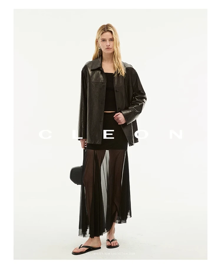 Waxed Lambskin Genuine Leather Jacket Women Retro Lapel Collar Single Breasted Real Leather Casual Spring Autumn Outerwear 2026