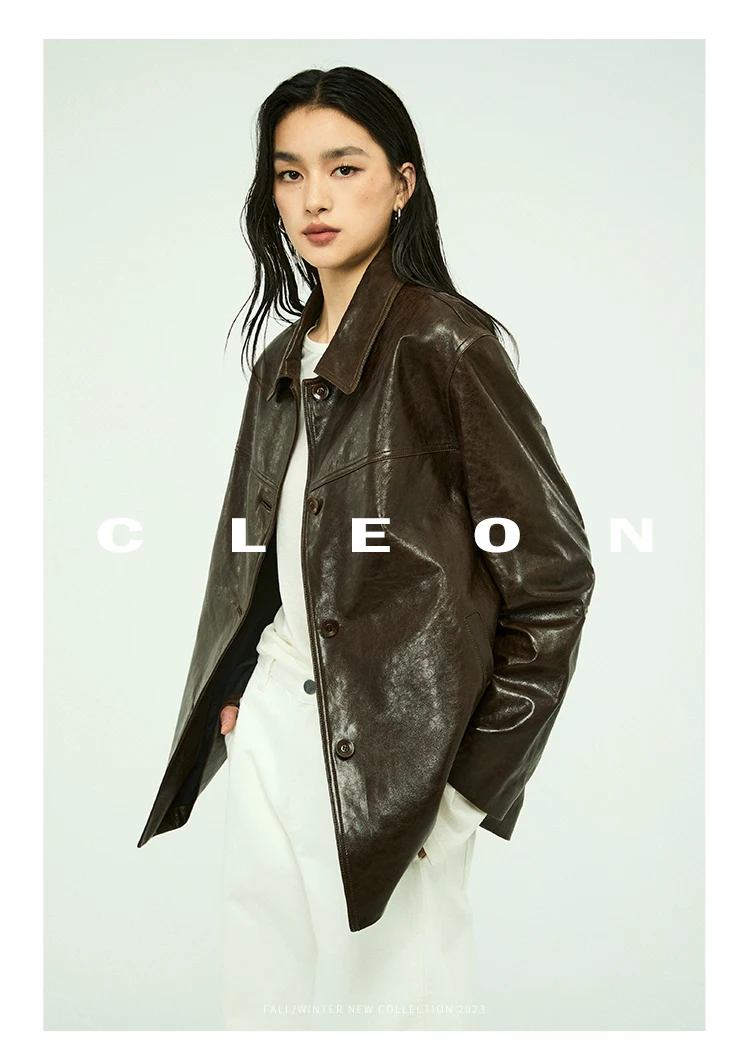 Waxed Lambskin Genuine Leather Jacket Women Retro Lapel Collar Single Breasted Real Leather Casual Spring Autumn Outerwear 2026
