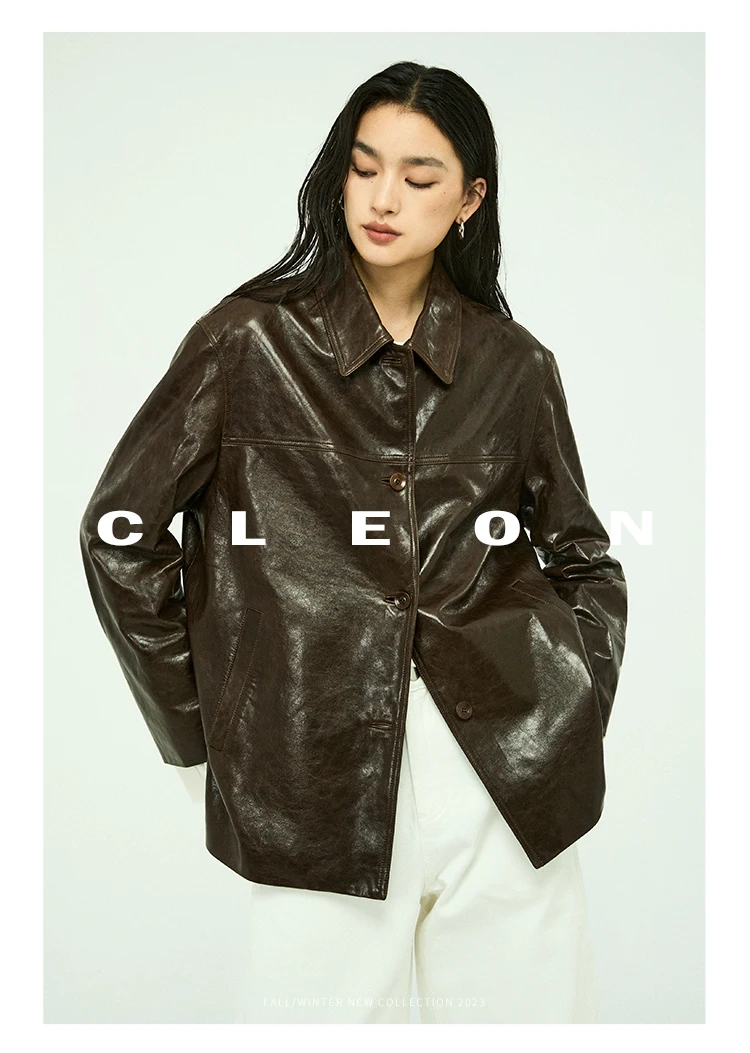 Waxed Lambskin Genuine Leather Jacket Women Retro Lapel Collar Single Breasted Real Leather Casual Spring Autumn Outerwear 2026