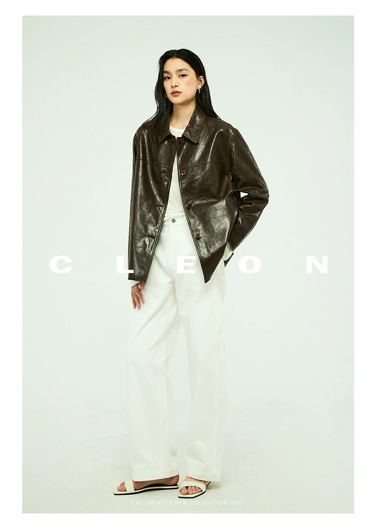 Waxed Lambskin Genuine Leather Jacket Women Retro Lapel Collar Single Breasted Real Leather Casual Spring Autumn Outerwear 2026