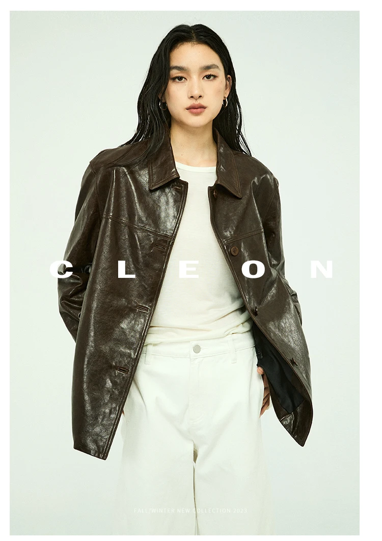 Waxed Lambskin Genuine Leather Jacket Women Retro Lapel Collar Single Breasted Real Leather Casual Spring Autumn Outerwear 2026