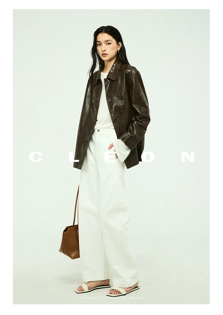 Waxed Lambskin Genuine Leather Jacket Women Retro Lapel Collar Single Breasted Real Leather Casual Spring Autumn Outerwear 2026