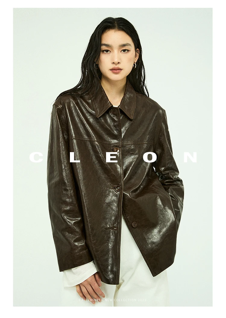 Waxed Lambskin Genuine Leather Jacket Women Retro Lapel Collar Single Breasted Real Leather Casual Spring Autumn Outerwear 2026