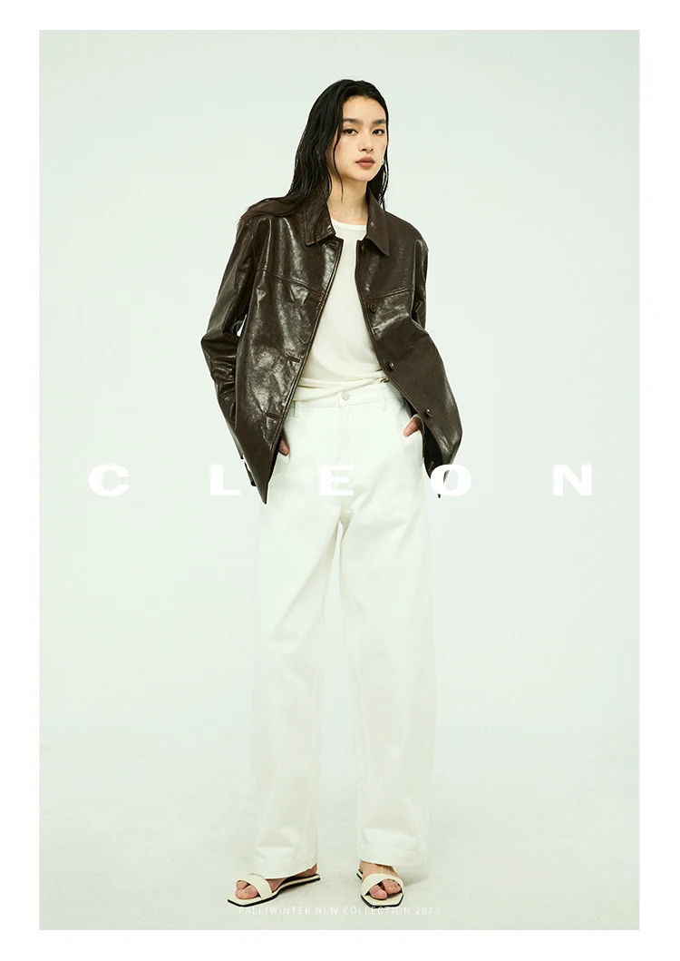 Waxed Lambskin Genuine Leather Jacket Women Retro Lapel Collar Single Breasted Real Leather Casual Spring Autumn Outerwear 2026