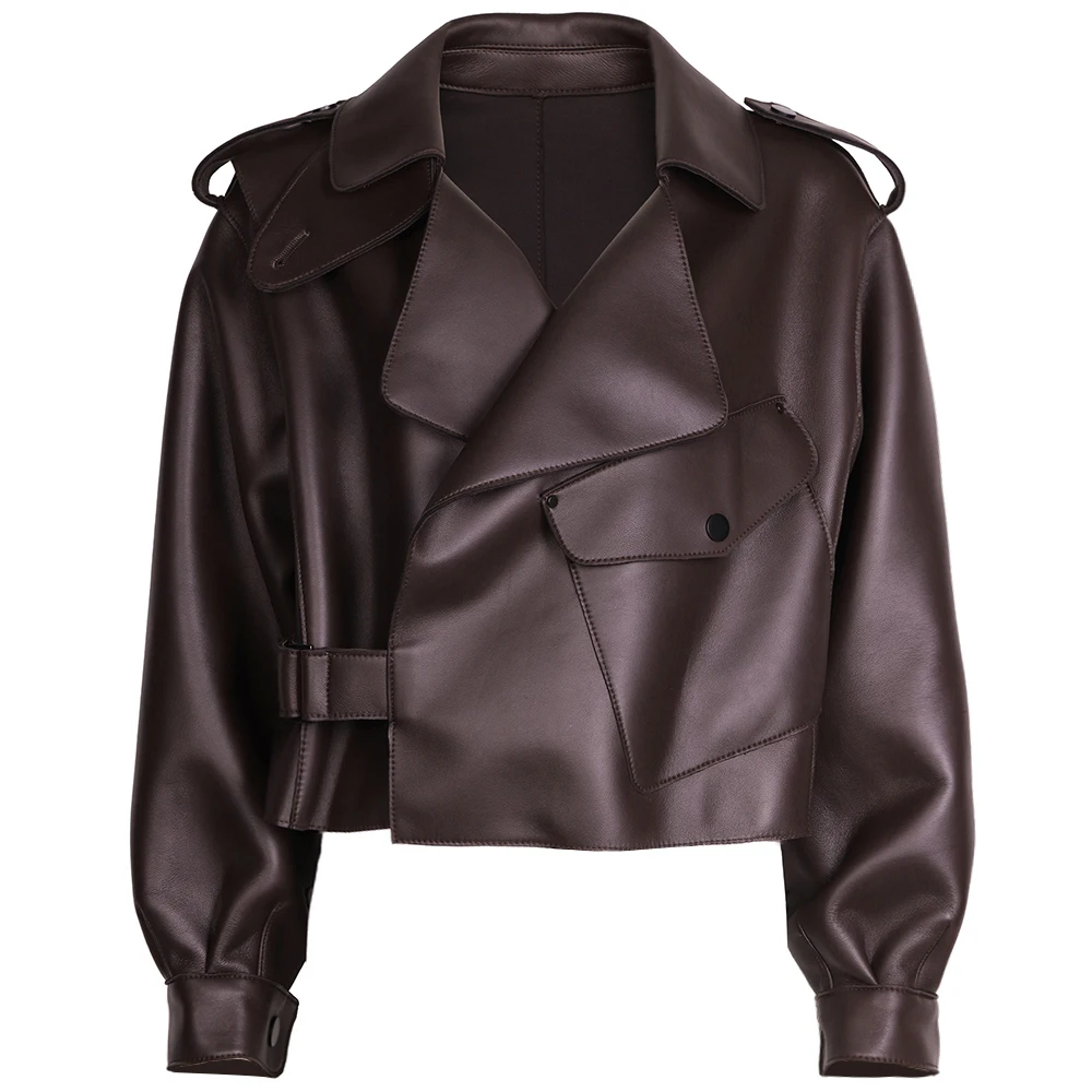 YOLOAgain 2025 Spring Dark Brown Oversized Leather Jacket Women Real Leather Jacket Female Overcoat