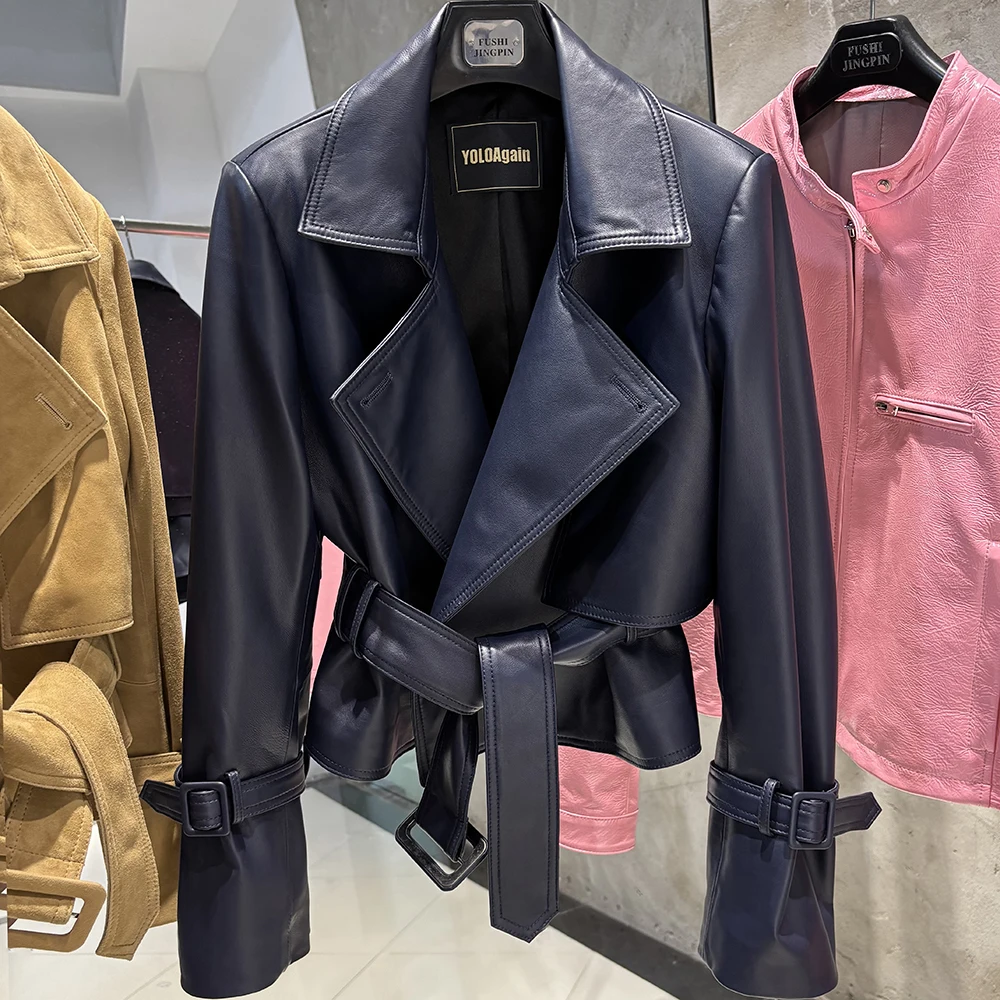YOLOAgain Real Leather Jacket Women With Belt Lapel Oversized Dark Brown Suede Jacket Coat Ladies