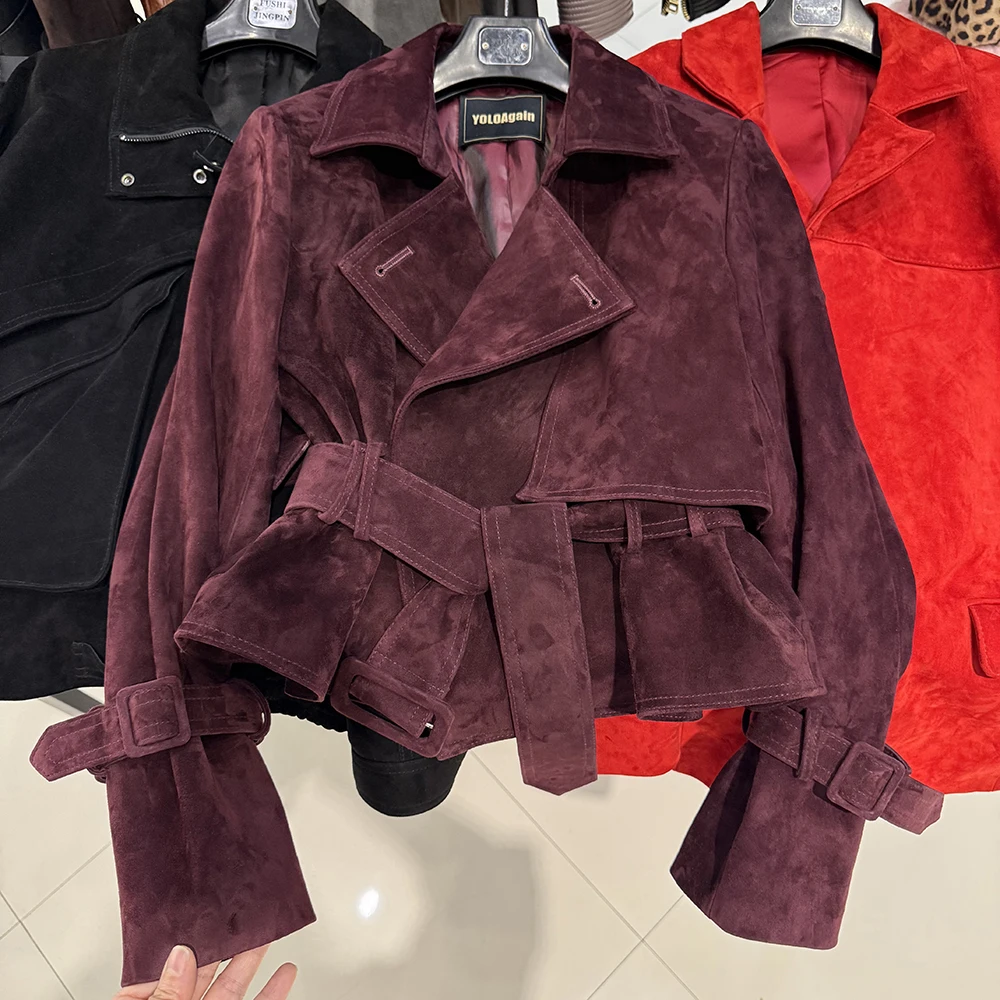 YOLOAgain Real Leather Jacket Women With Belt Lapel Oversized Dark Brown Suede Jacket Coat Ladies