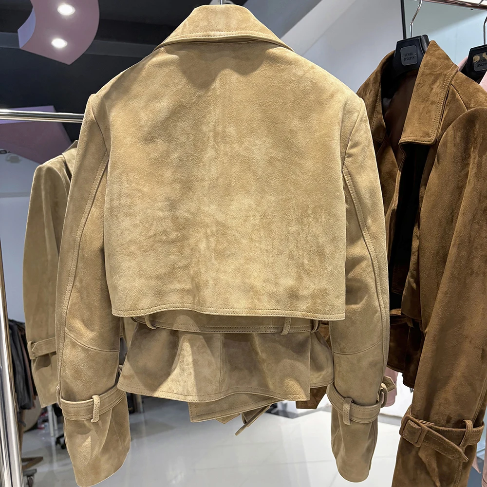 YOLOAgain Real Leather Jacket Women With Belt Lapel Oversized Dark Brown Suede Jacket Coat Ladies