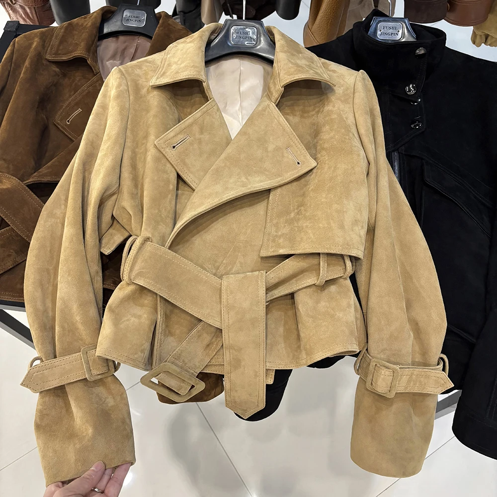 YOLOAgain Real Leather Jacket Women With Belt Lapel Oversized Dark Brown Suede Jacket Coat Ladies