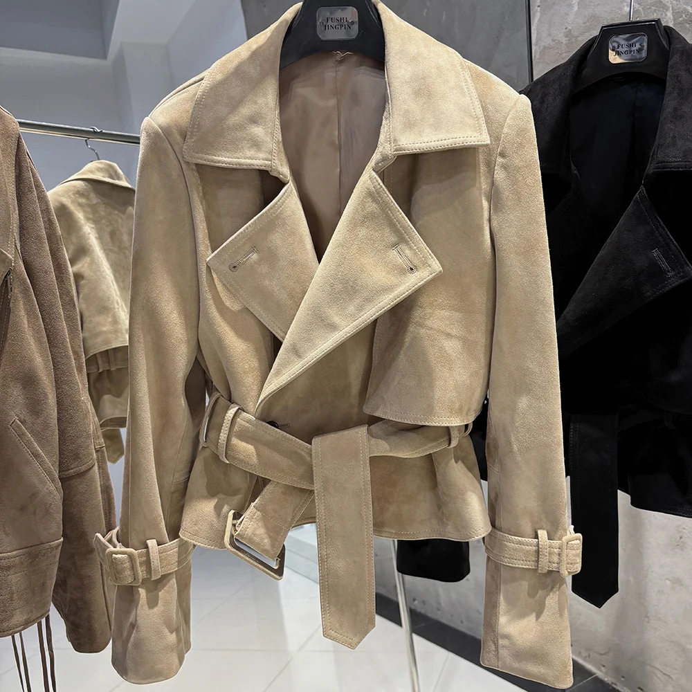 YOLOAgain Real Leather Jacket Women With Belt Lapel Oversized Dark Brown Suede Jacket Coat Ladies